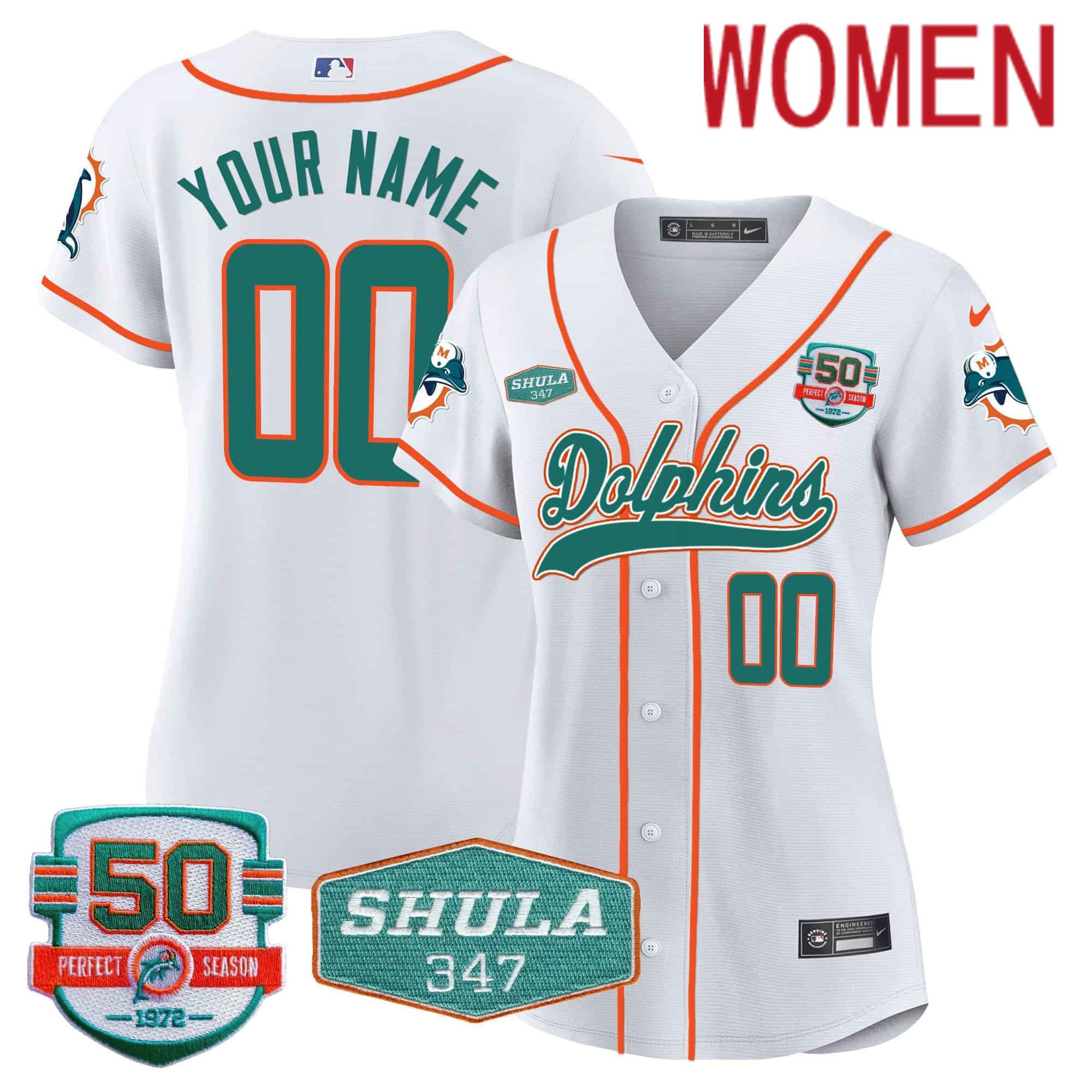 Women Miami Dolphins White 2024 Nike 50th Don Shula Memorial Patch Baseball Custom NFL Jersey